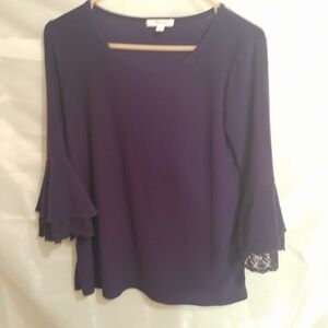 89th & Madison Rich Purple Blouse with Lace Trim Sleeves